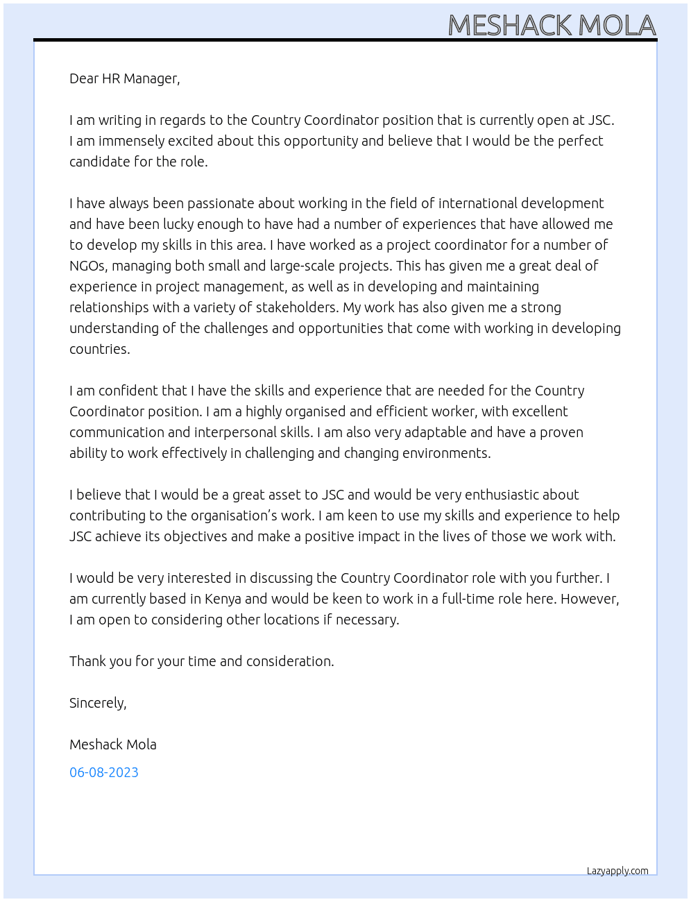 Country Coordinator At JSC Cover Letter