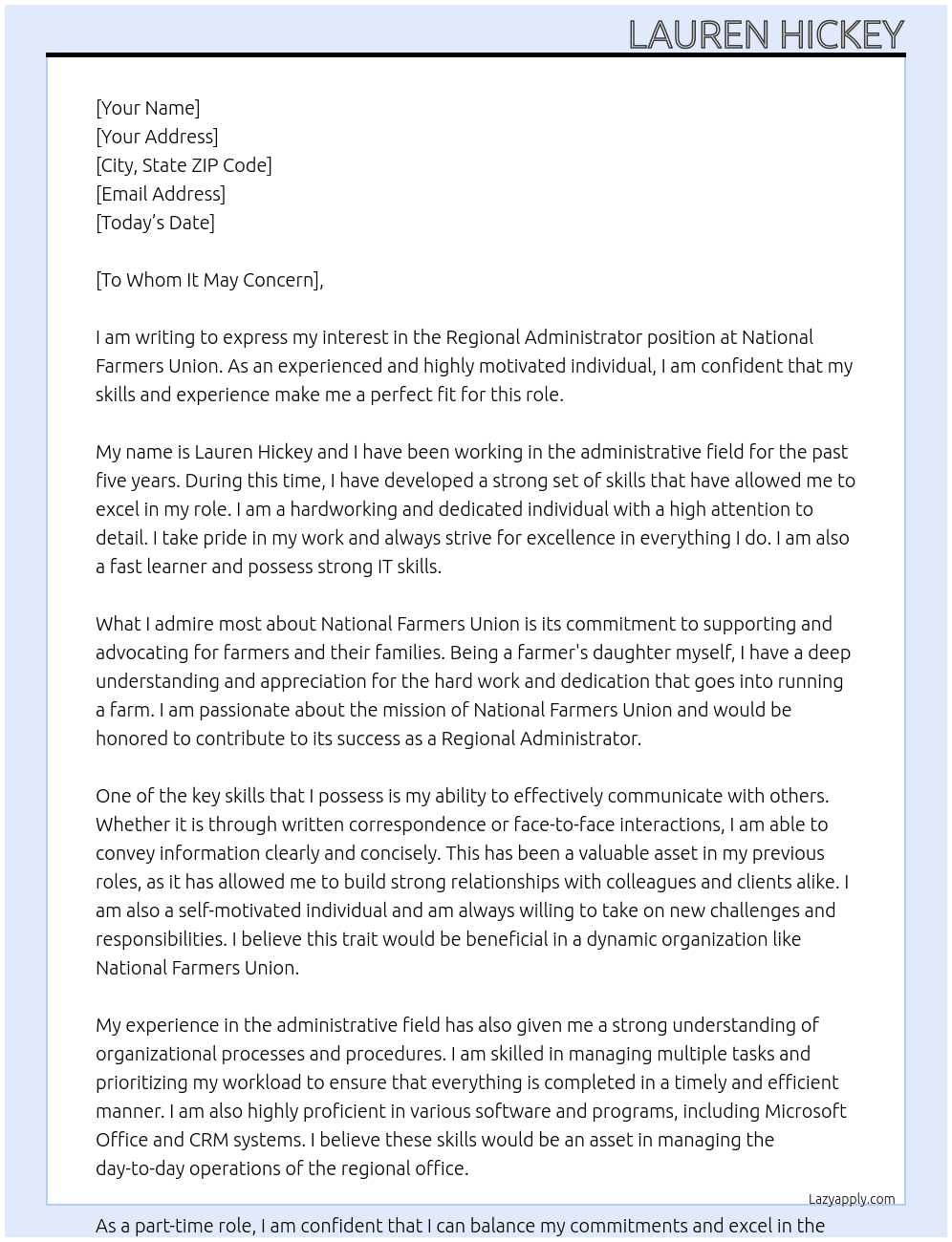 Regional Administrator At National Farmers Union Cover Letter