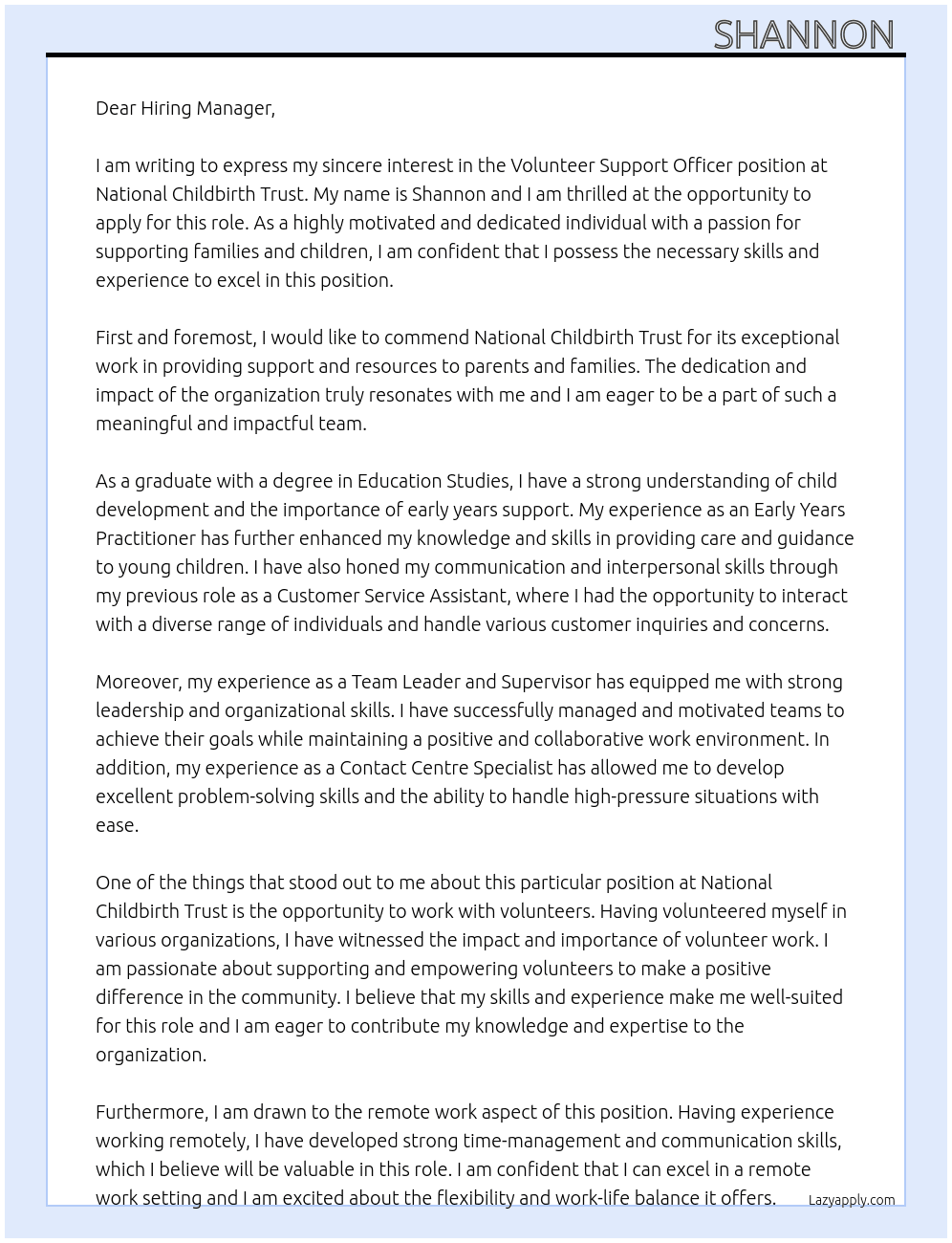 Cover letter for volunteer support officer - LazyApply