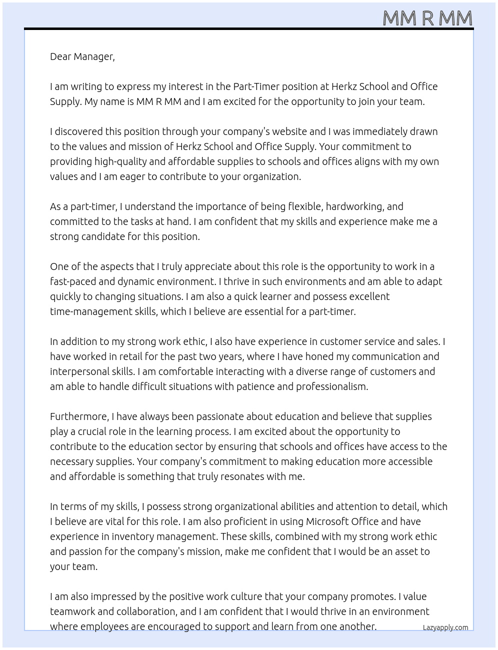part-timer At herkz school and office supply Cover Letter
