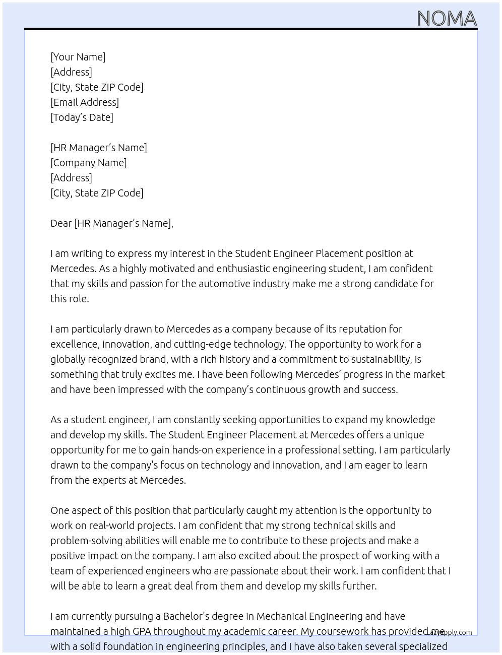 Student engineer placement  At Mercedes  Cover Letter