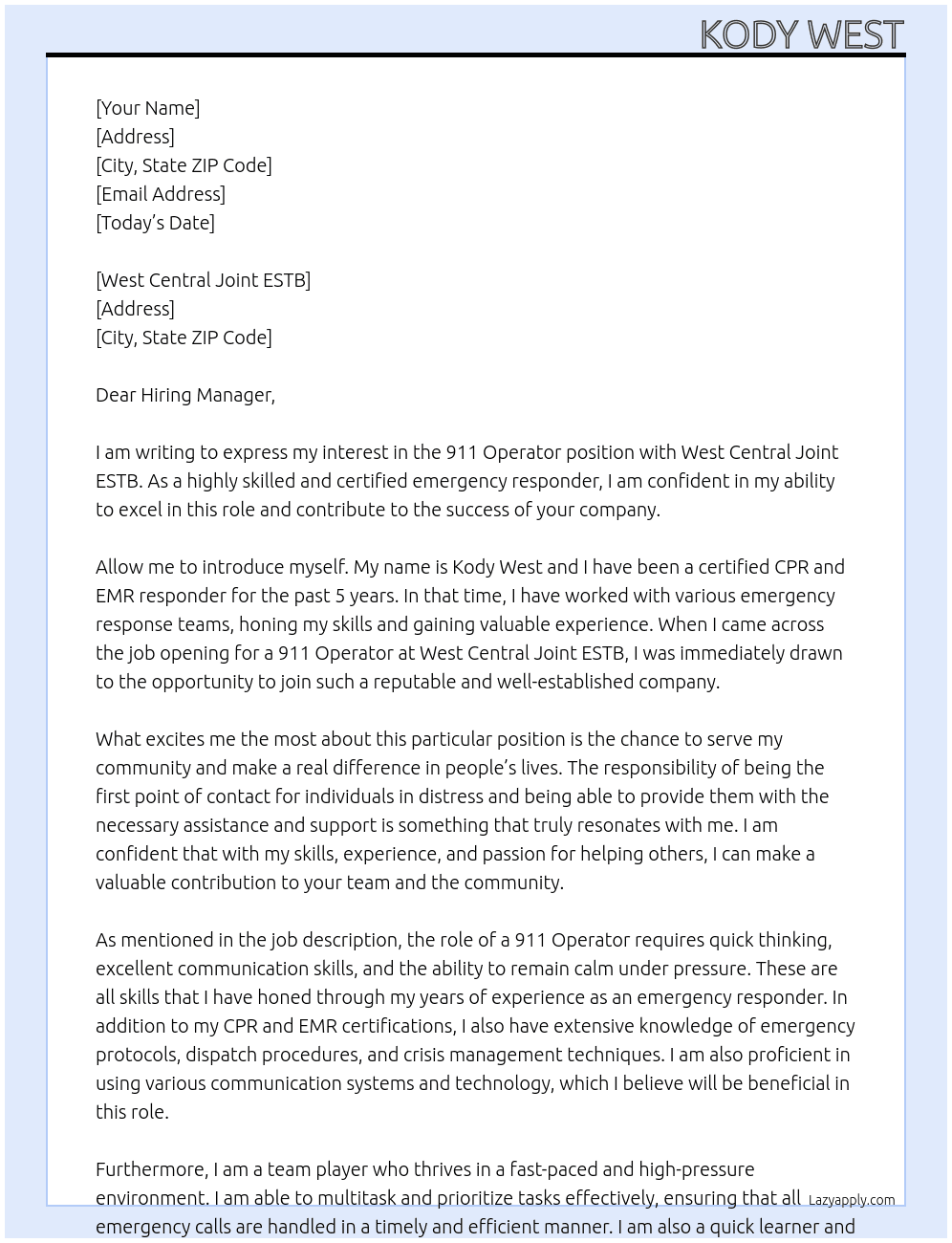 911 Operator  At West Central Joint ESTB Cover Letter
