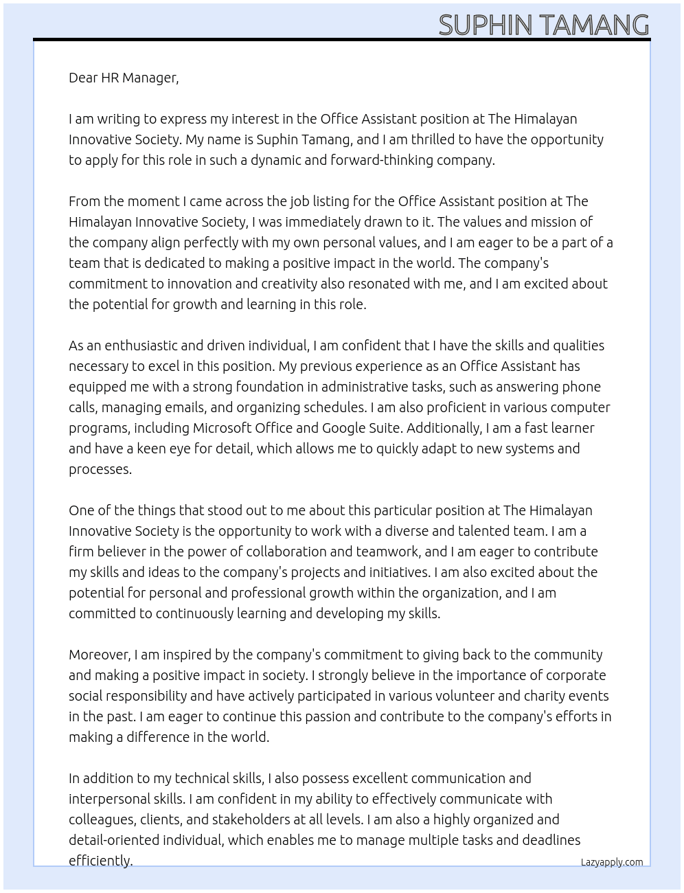 Office Assistant At The Himalayan Innovative Society Cover Letter