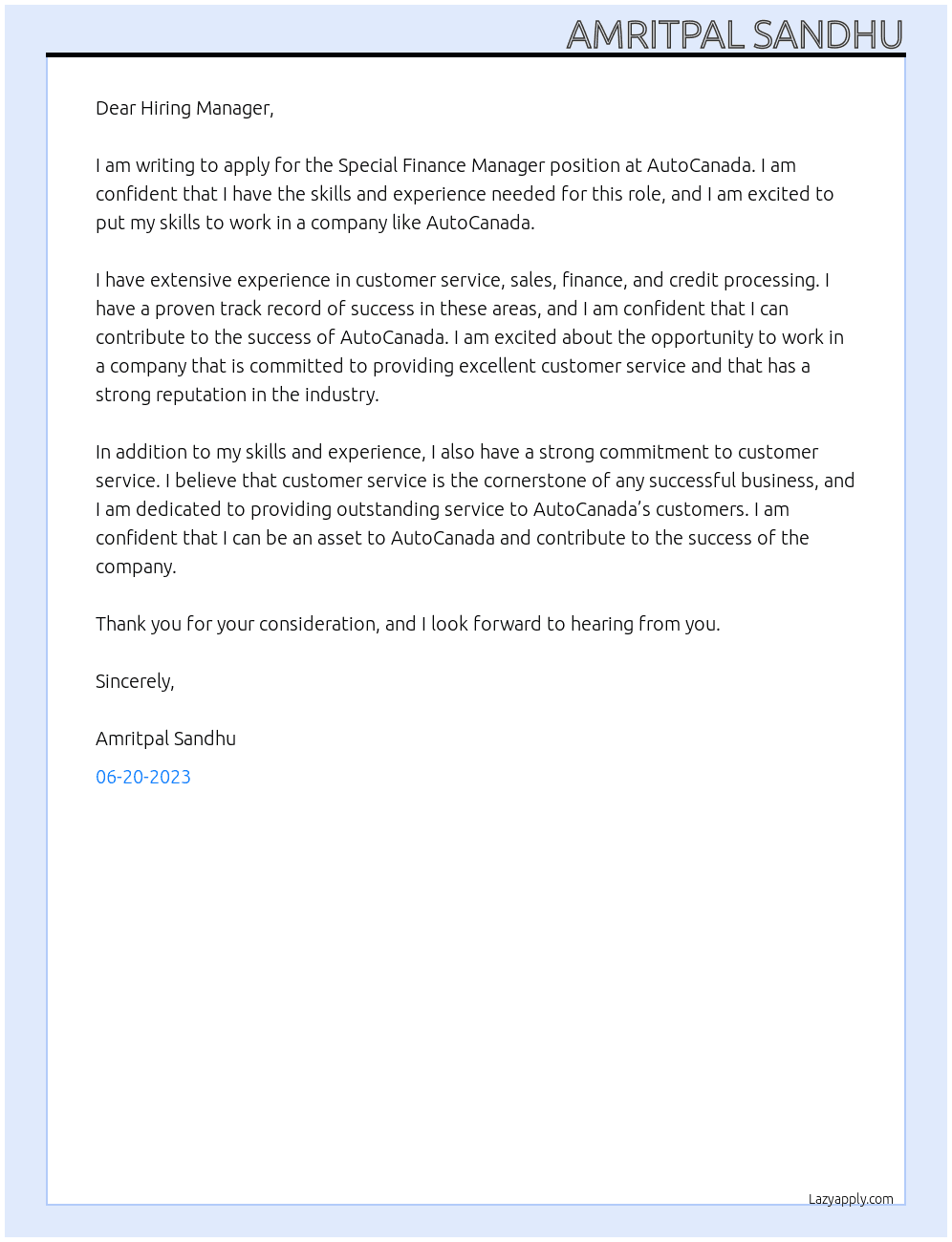 Special Finance Manager At AutoCanada Cover Letter