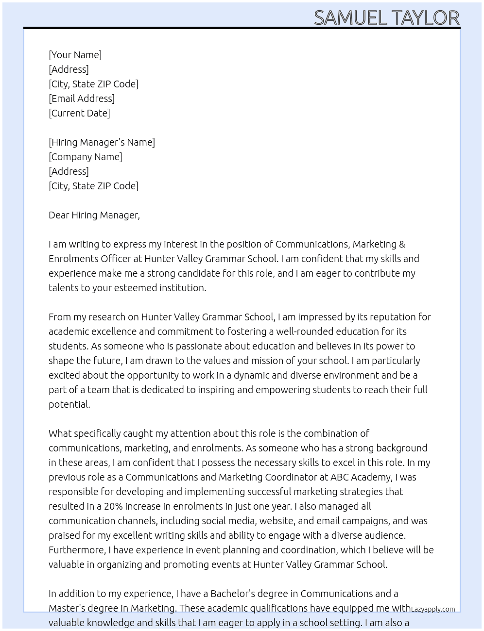 communications, marketing & enrolments officer At Hunter Valley Grammer School Cover Letter