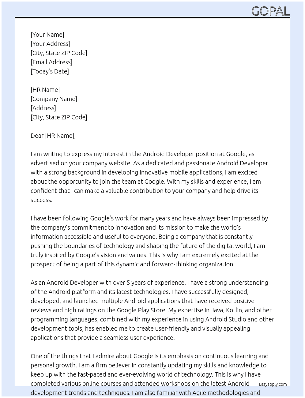 Android Developer At Google Cover Letter