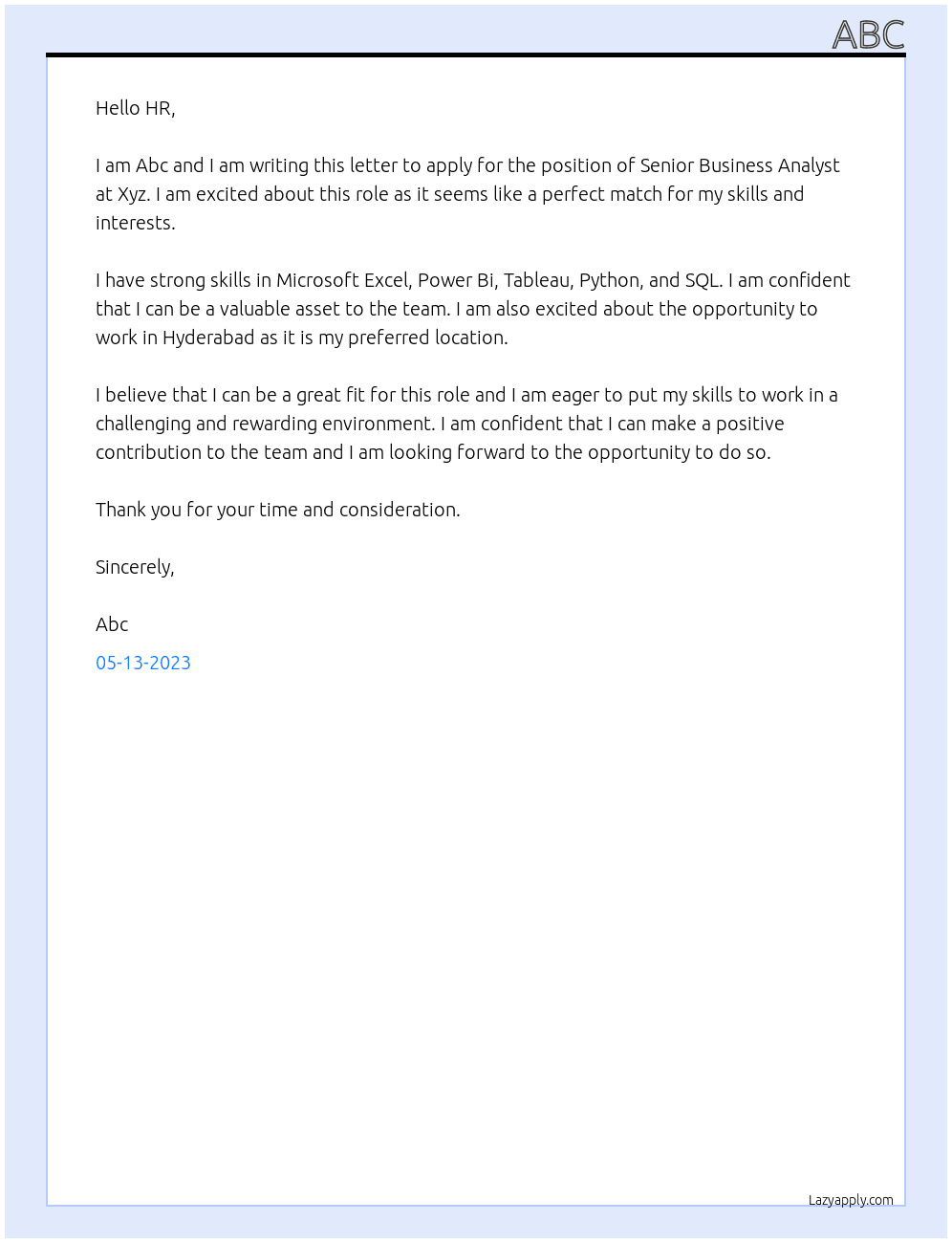 Senior Business Analyst  At Xyz Cover Letter