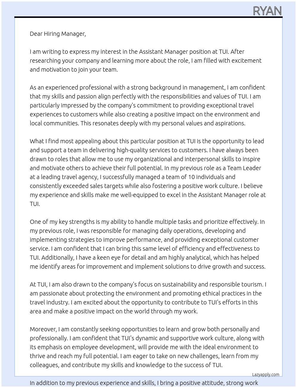 Assistant Manager At TUI Cover Letter