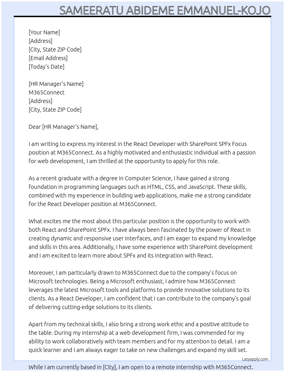 React Developer with SharePoint SPFx Focus At M365Connect Cover Letter