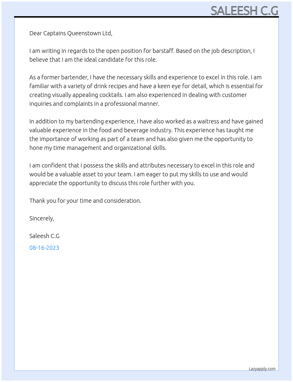 Barstaff At Captains Queenstown Ltd Cover Letter