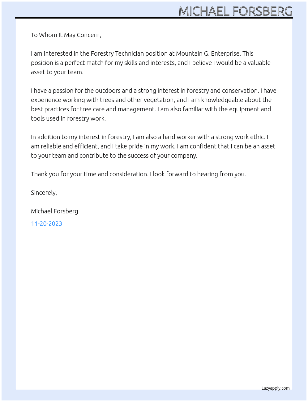 Forestry Technician At Mountain G. Enterprise Cover Letter