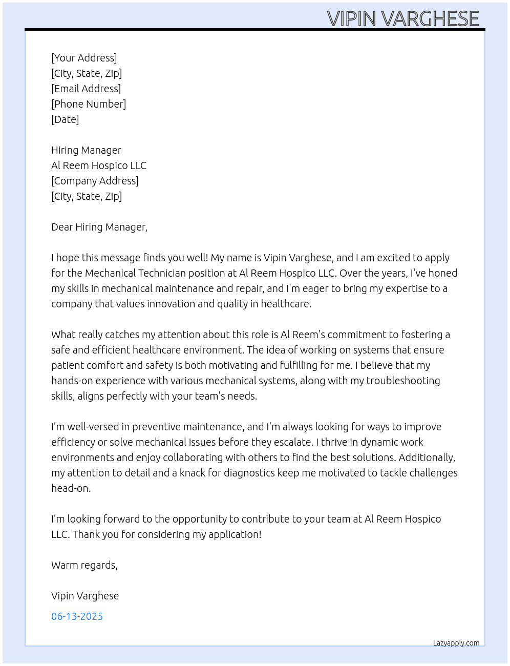 Mechanical technician  At Al reem hospico lllc Cover Letter