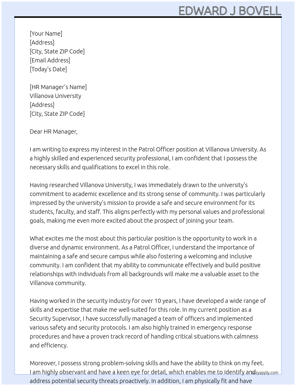 Patrol Officer At Villanova University Cover Letter