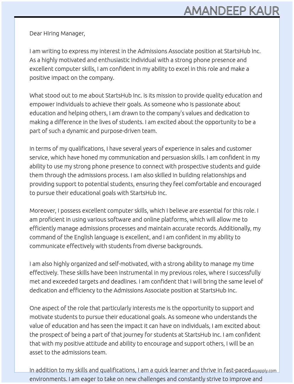 Admissions Associate At StartsHub Inc. Cover Letter