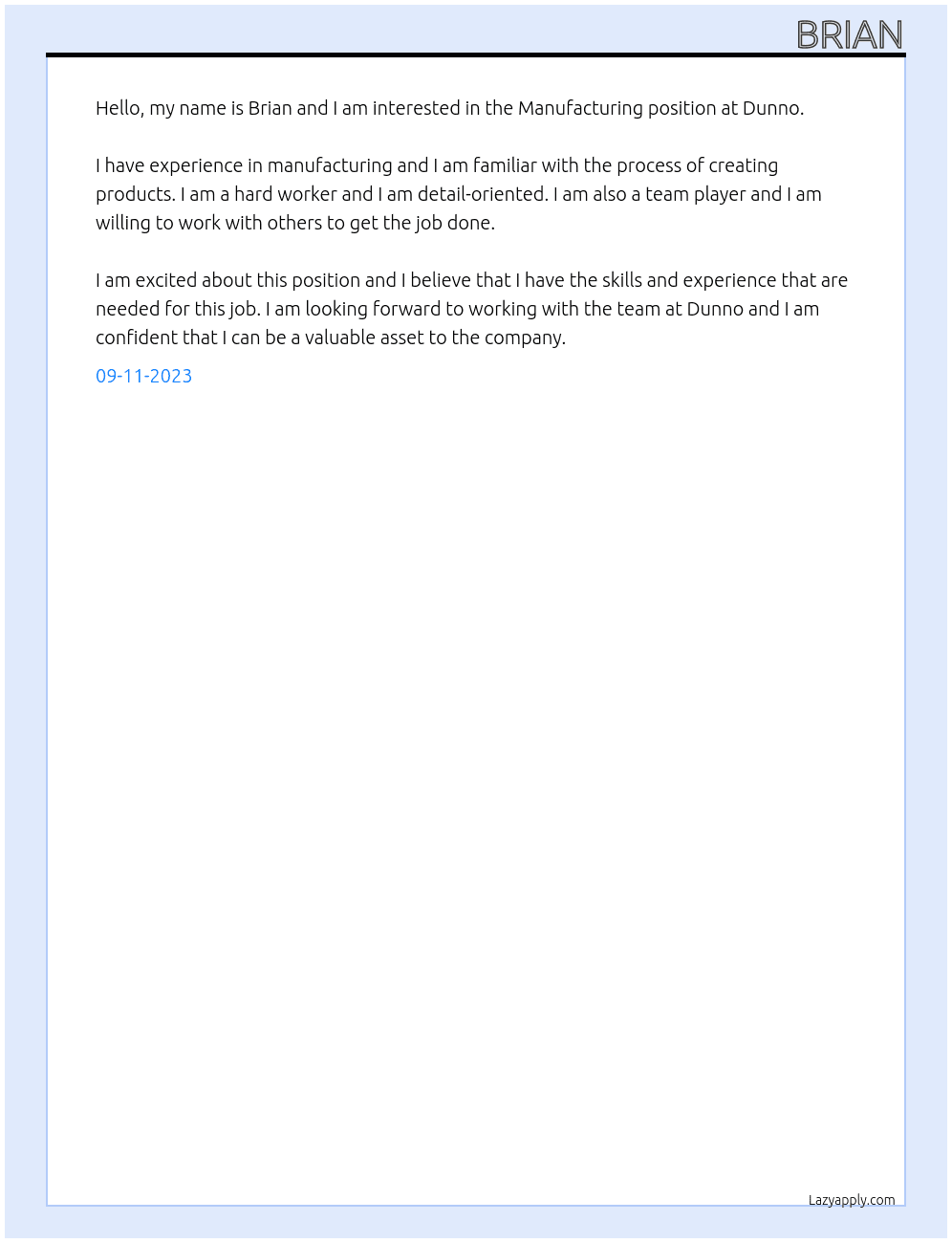 Manufacturing At Dunno Cover Letter