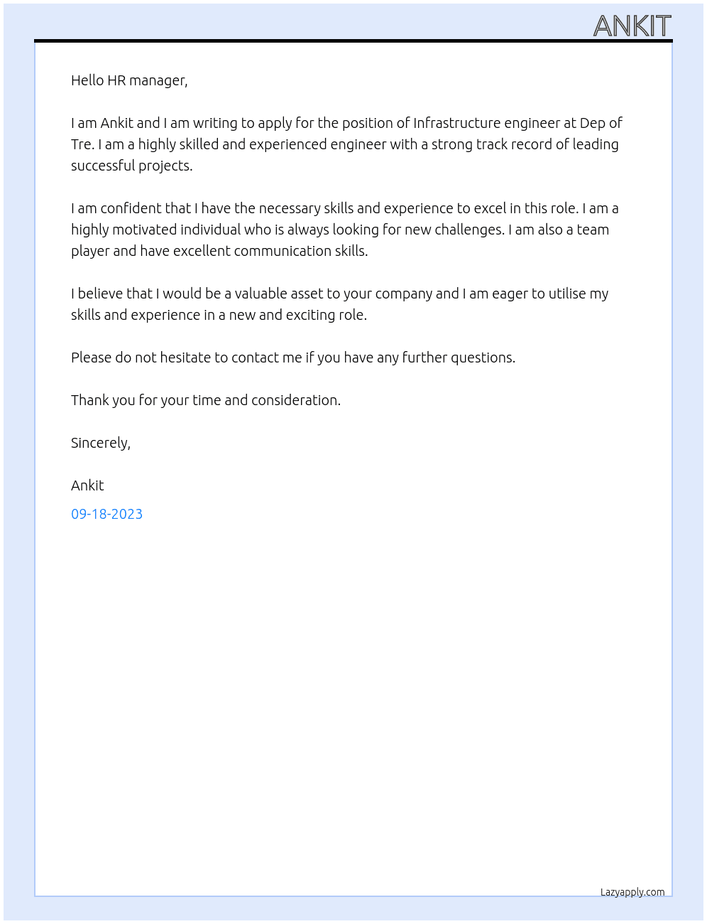 Infrastructure engineer At Dep of Tre Cover Letter