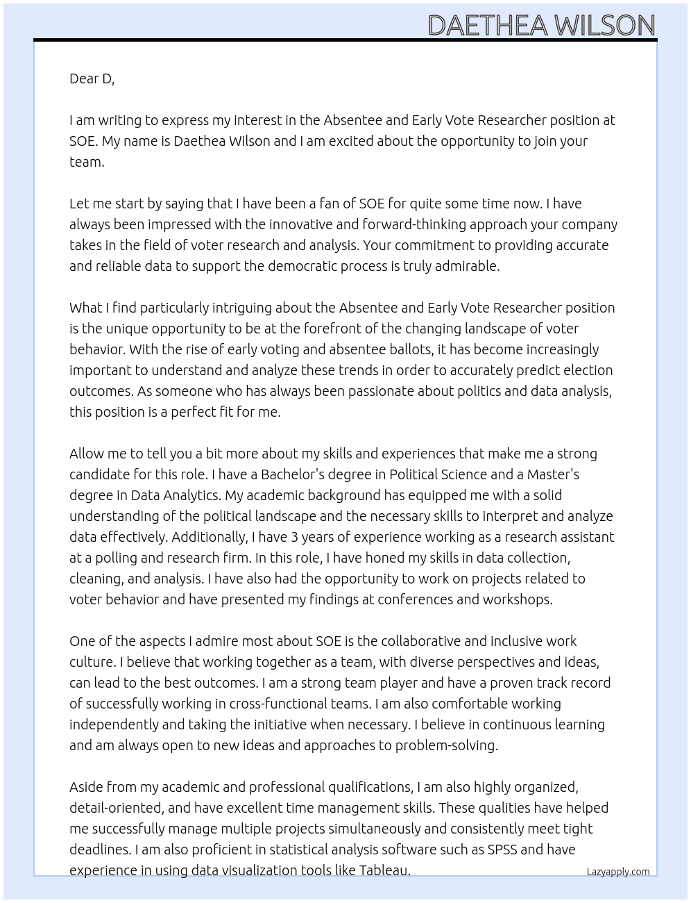 Absentee and Early Vote Researcher At SOE Cover Letter