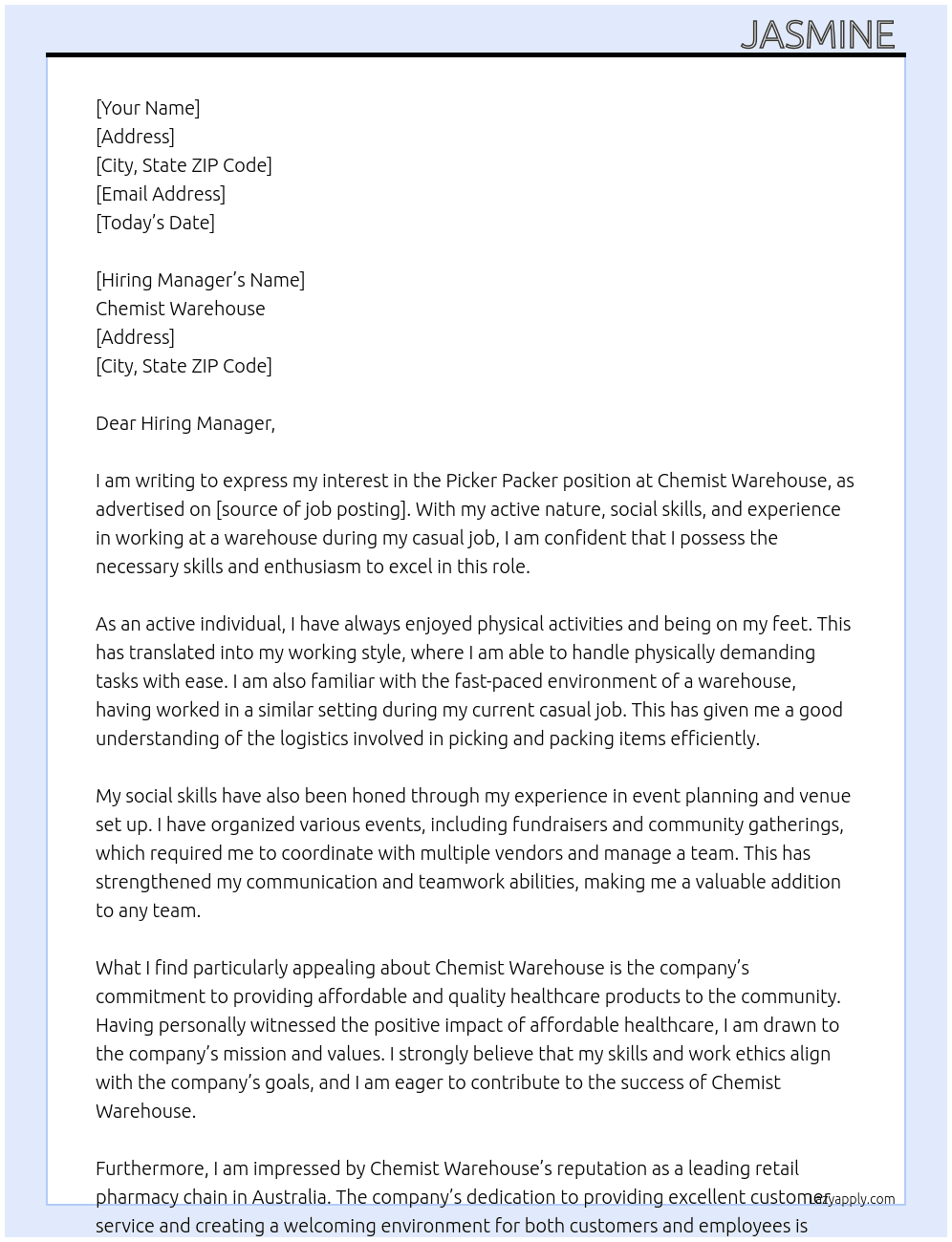 Picker packer  At Chemist warehouse  Cover Letter