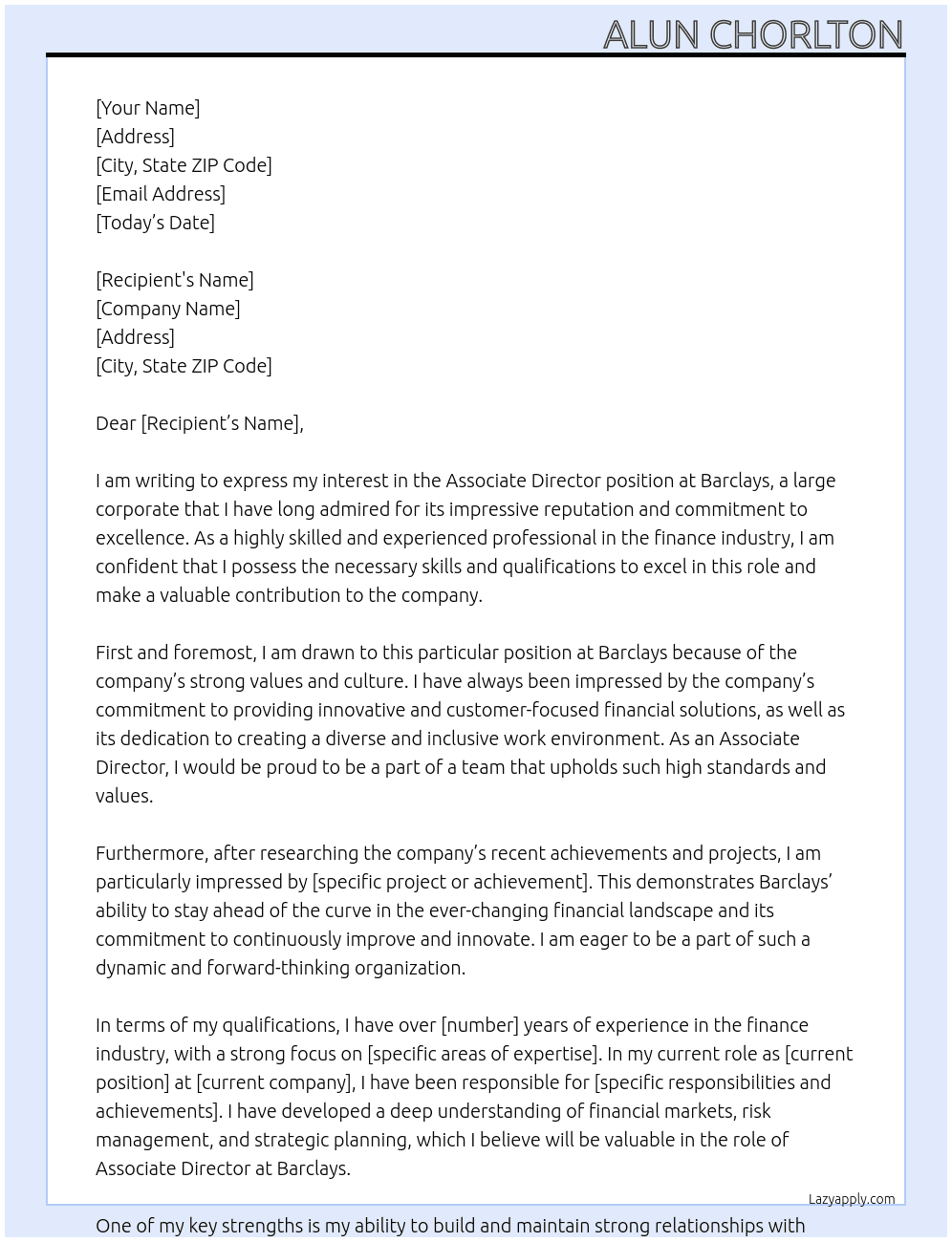 Associate Director  At Large corporate, Barclays  Cover Letter