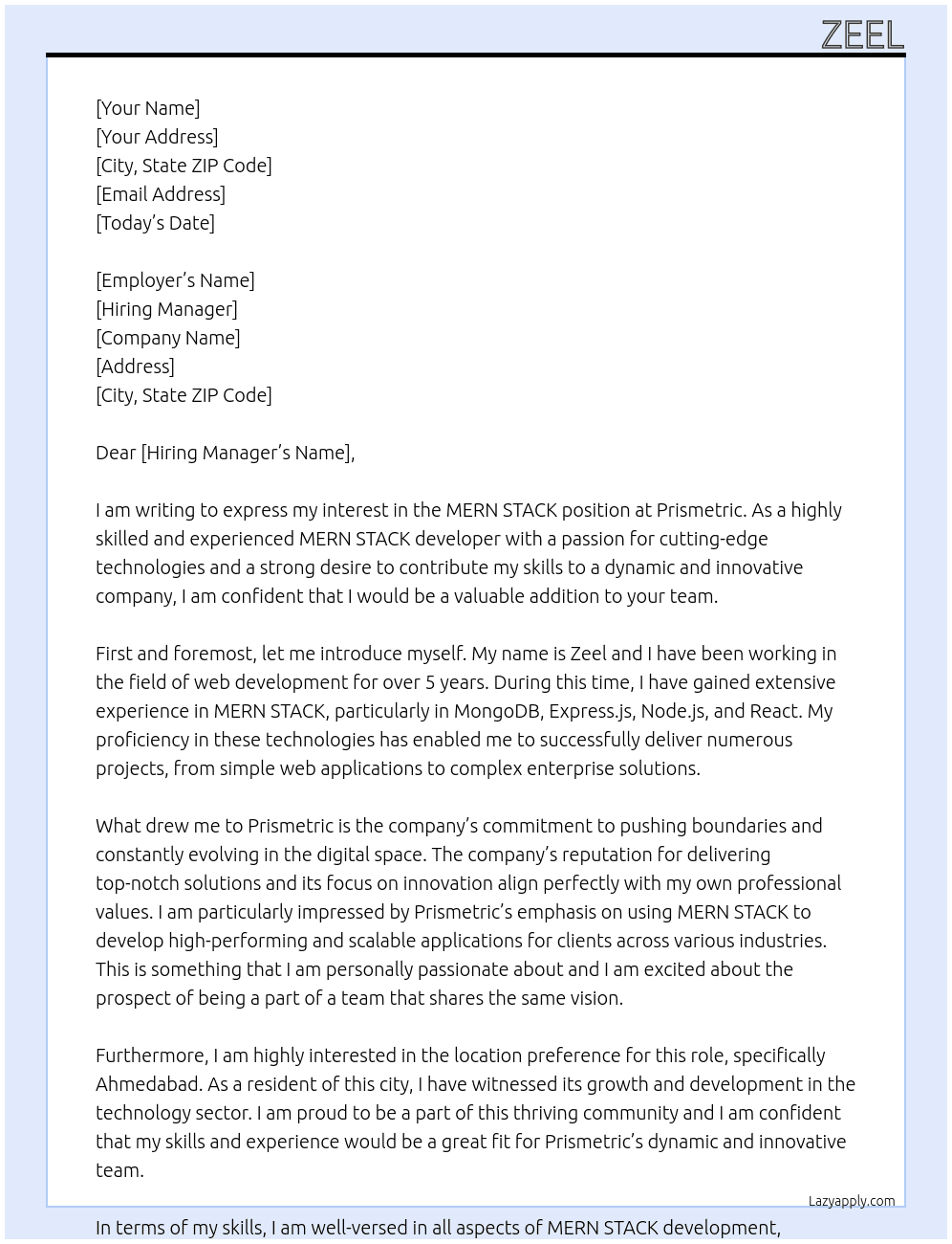 MERN STACK At Prismetric Cover Letter