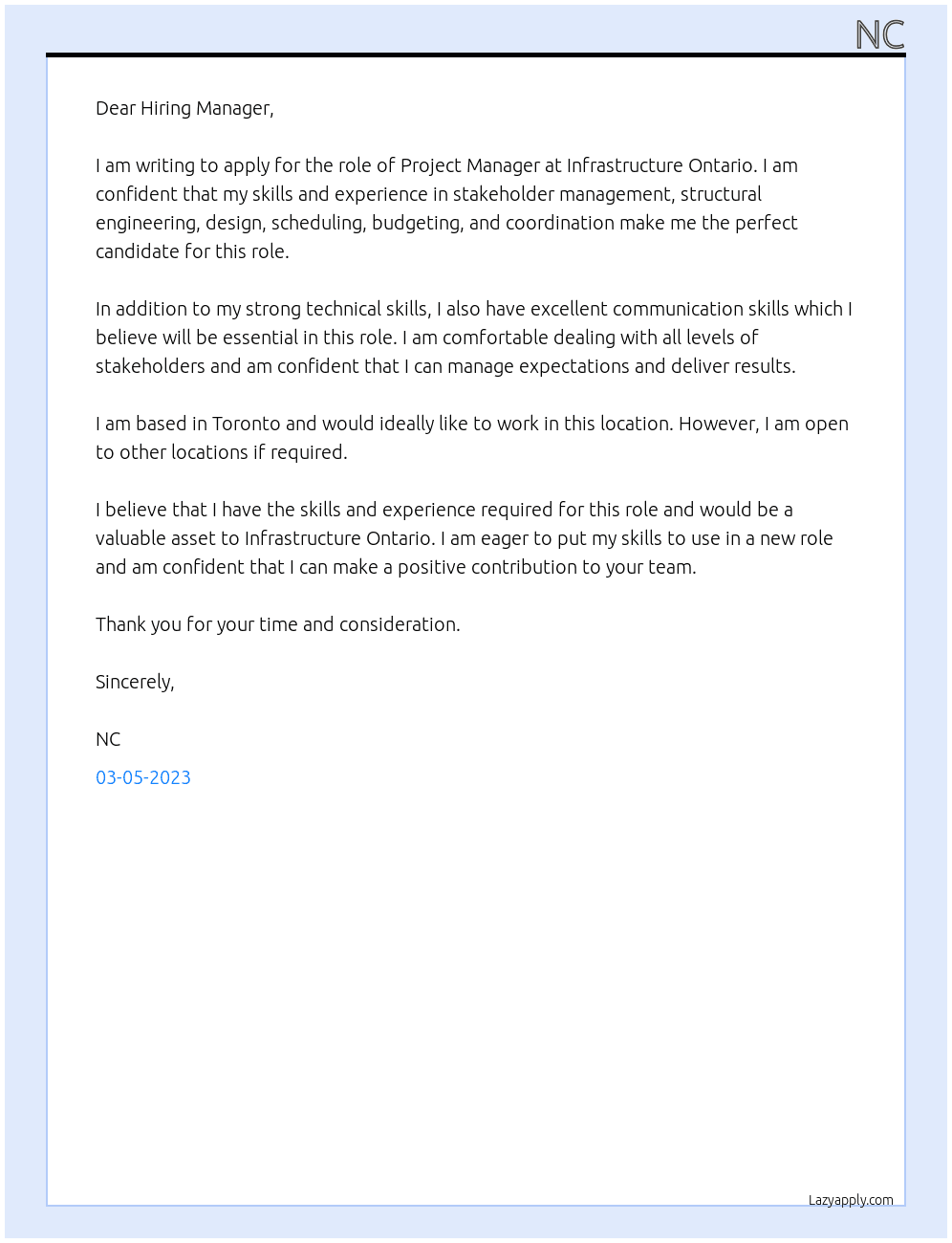 Project Manager At Infrastructure Ontario Cover Letter