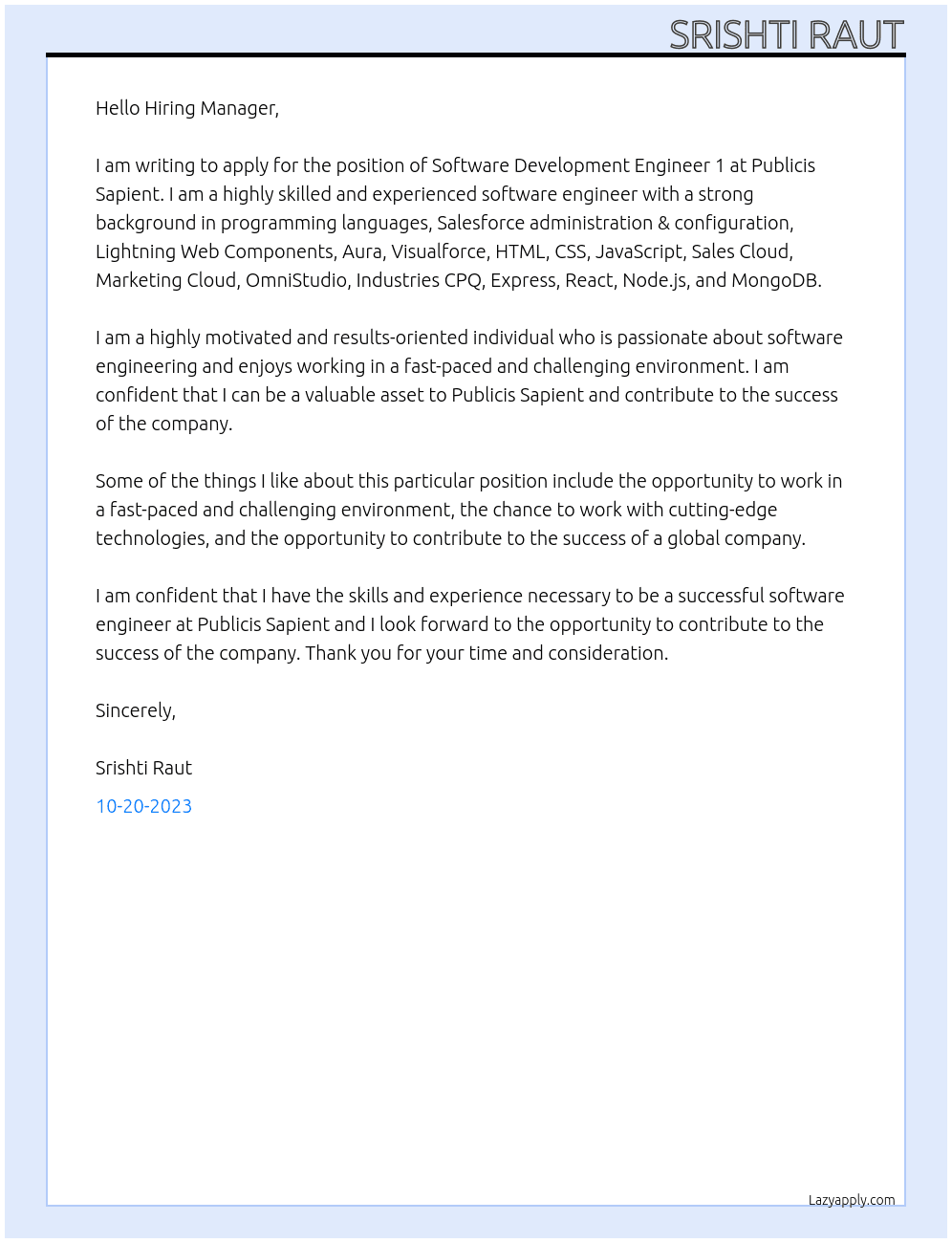 Software Development Engineer 1 At Publicis Sapient Cover Letter