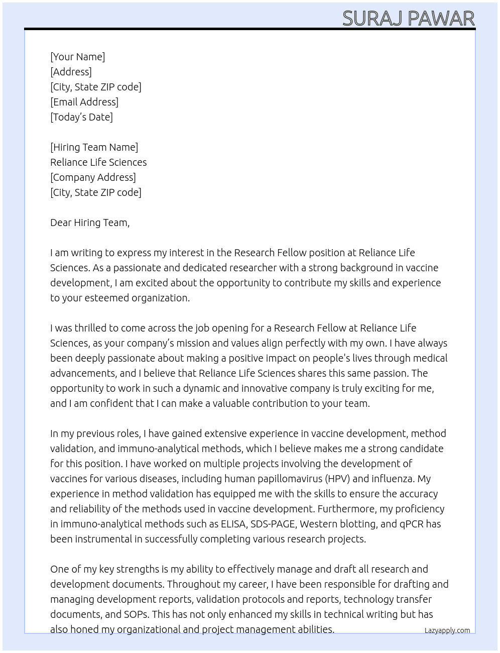 Research fellow At Reliance life sciences Cover Letter