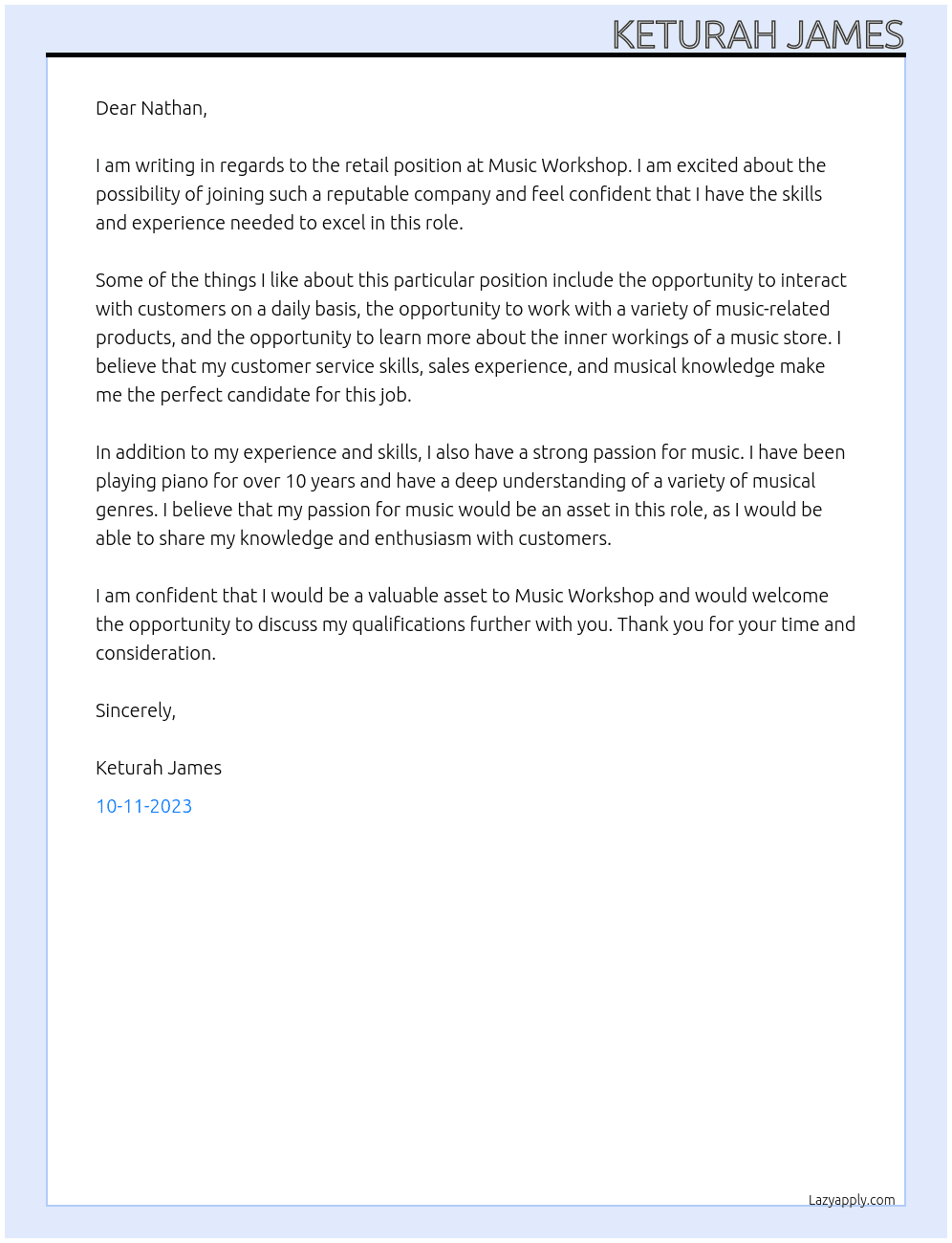 Retail At Music Workshop Cover Letter
