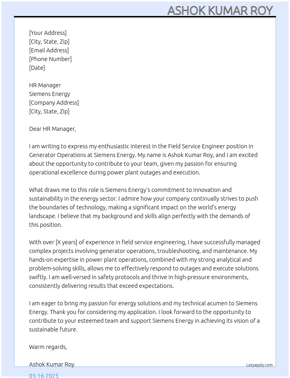 Field Service Engineer Generator Operations - Power plant outages and execution At Siemens Energy  Cover Letter