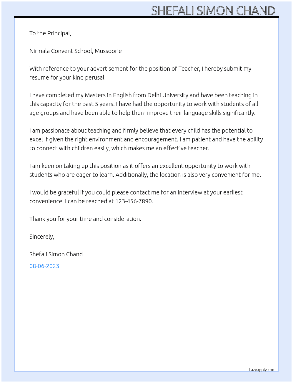 Teacher  At Nirmala Convent School, Mussoorie  Cover Letter