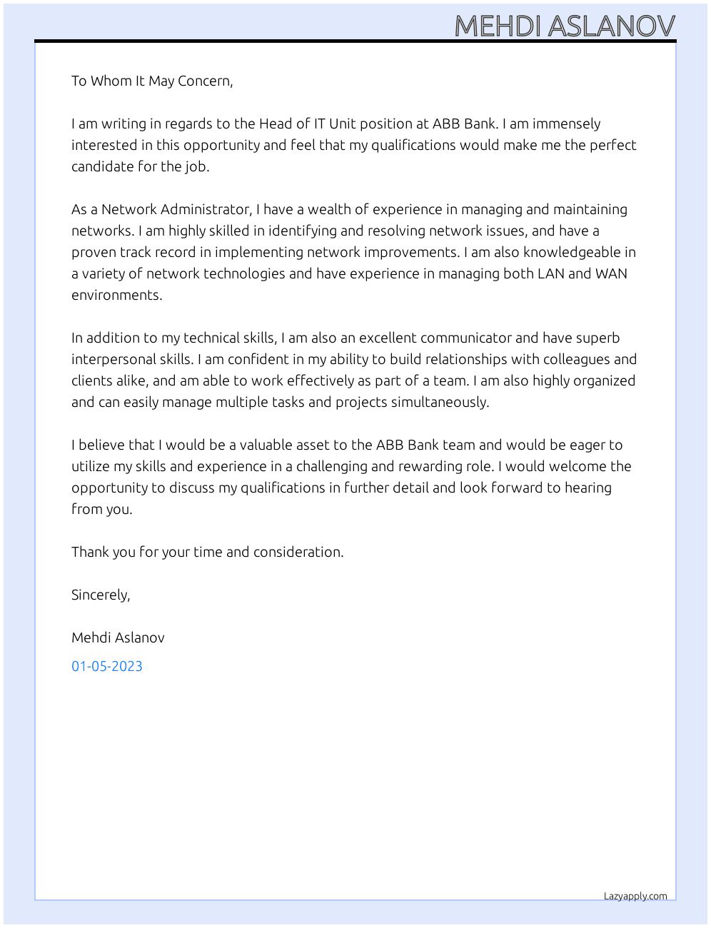 Cover letter for network administartor - LazyApply