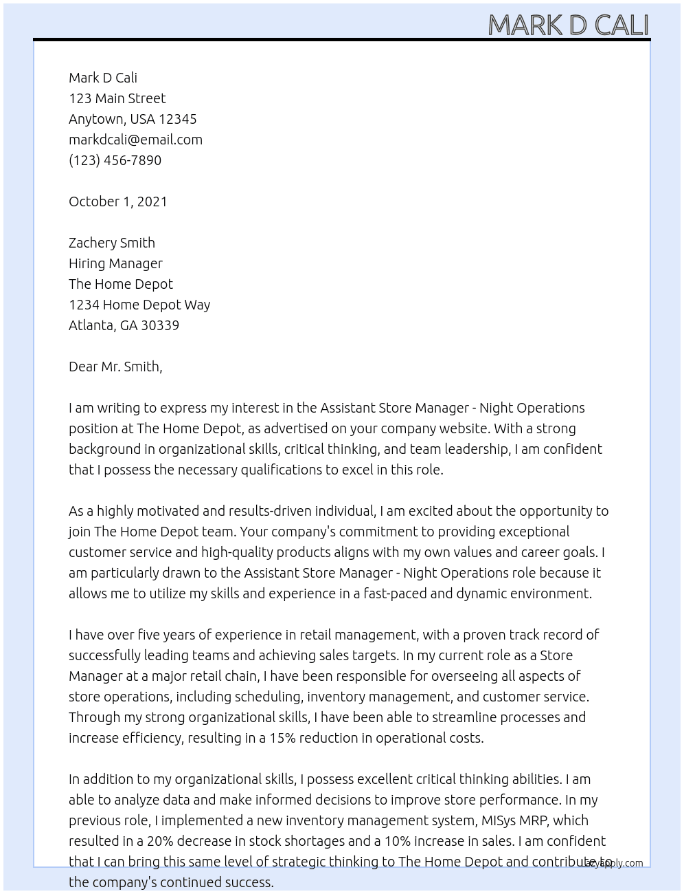 Assistant Store Manager - Night Operations At The Home Depot Cover Letter