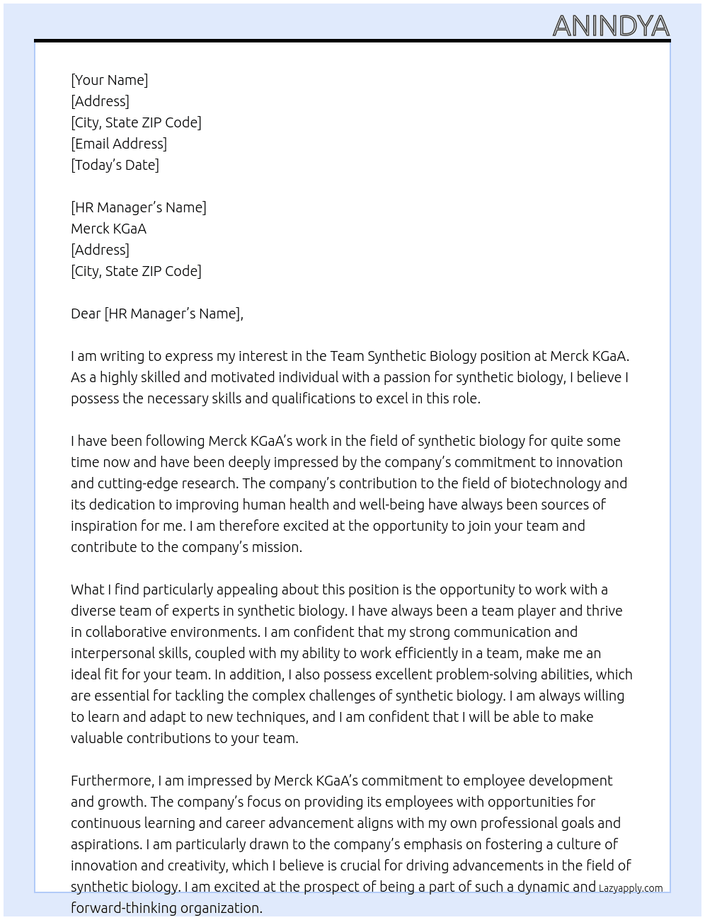 Team synthetic biology  At Merck KGaA Cover Letter