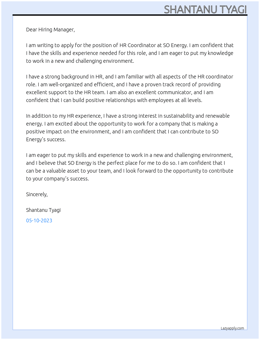 hr coordinator At SO Energy Cover Letter