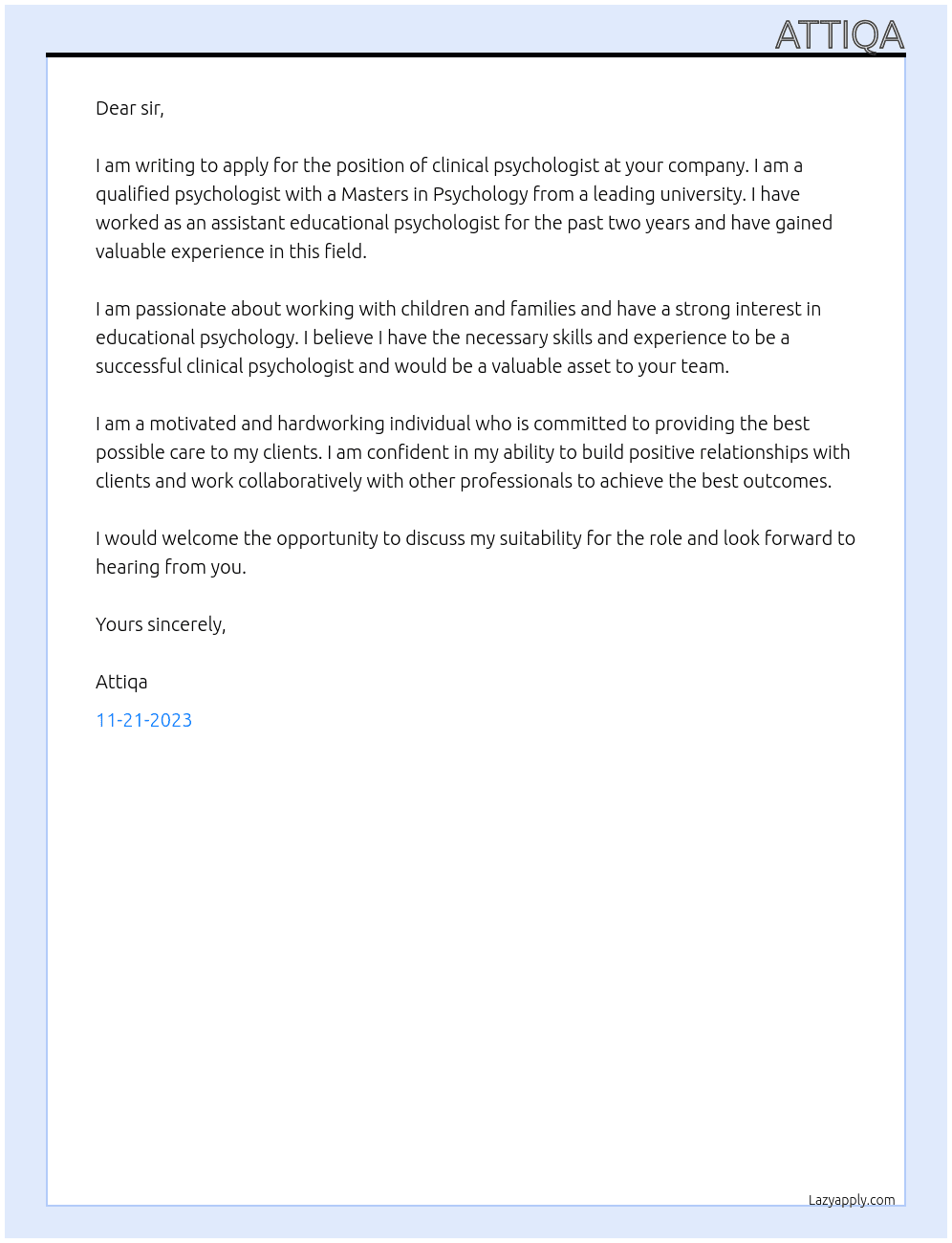 Clinical Psychologist At Assistant educational psychologist Cover Letter