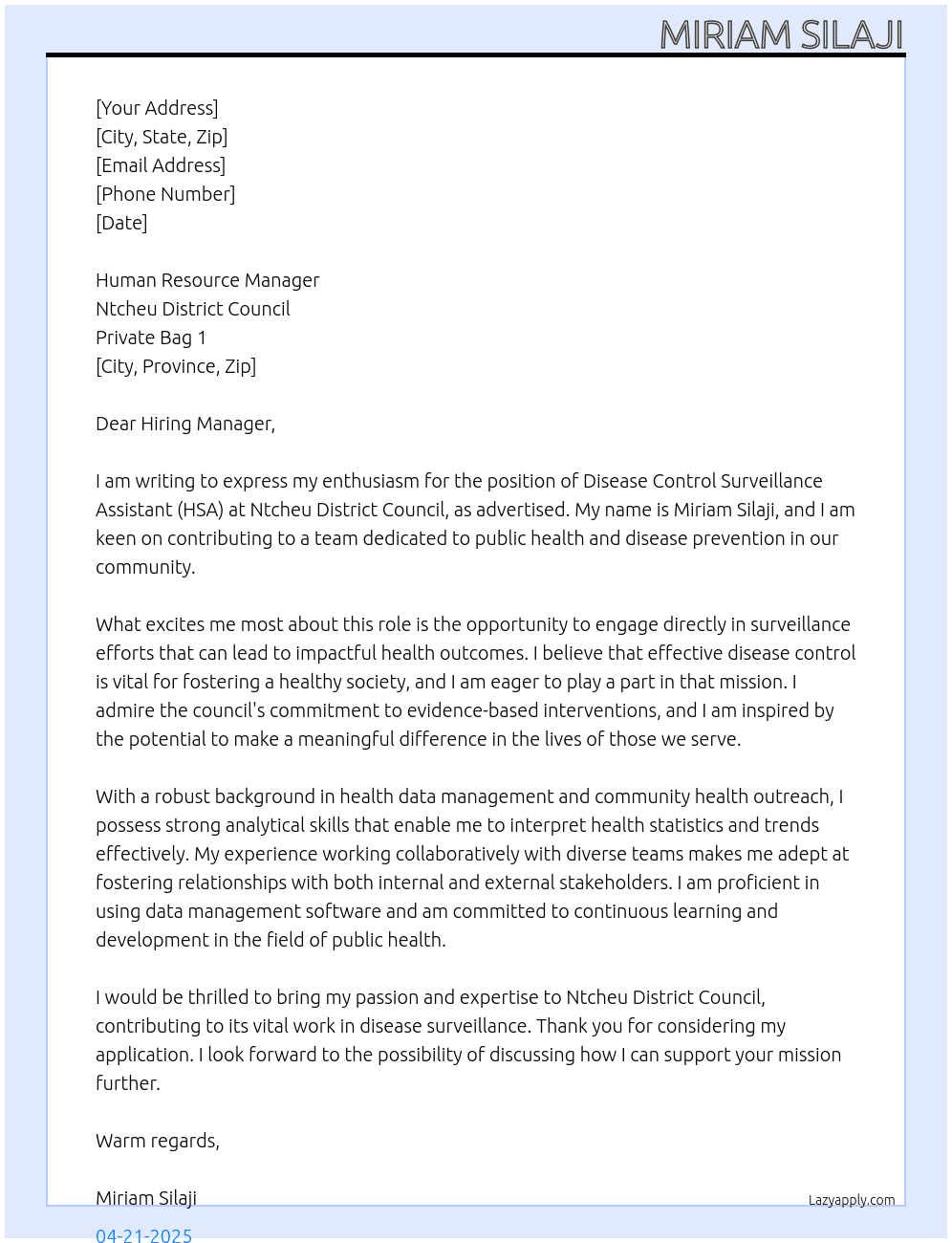 Disease Control surveillance assistant ( HSAs)  At Ntcheu district Council , private bag 1 Cover Letter