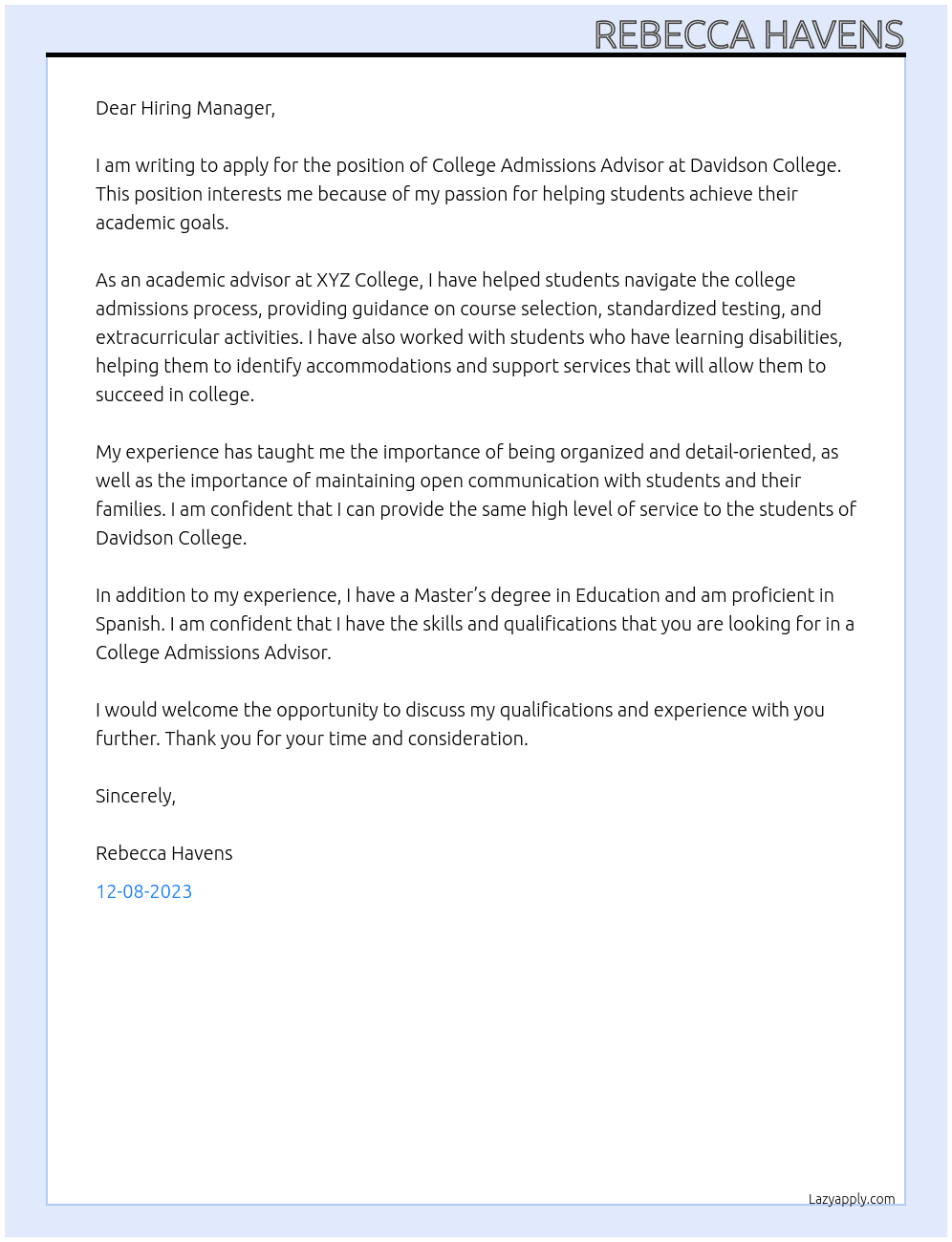 College Admissions Advisor At Davidson COllege Cover Letter