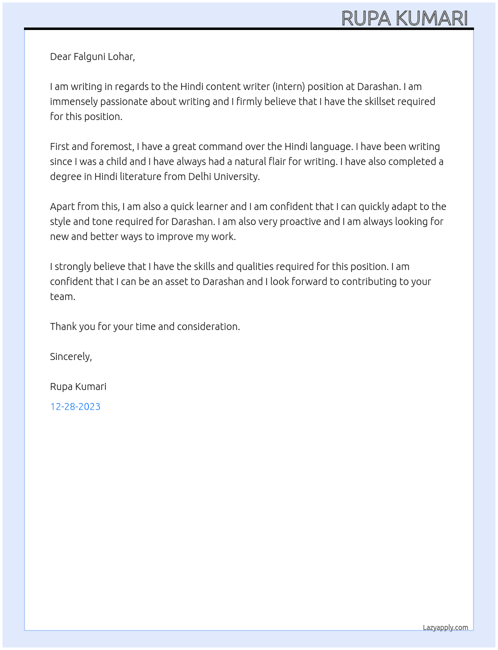 Hindi content writer ( Intern) At Darashan  Cover Letter