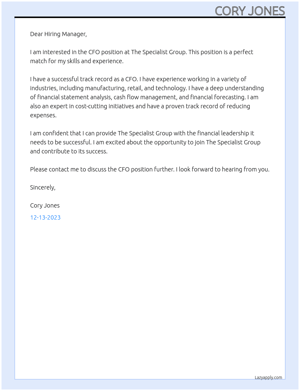 CFO At The Specialist Group Cover Letter
