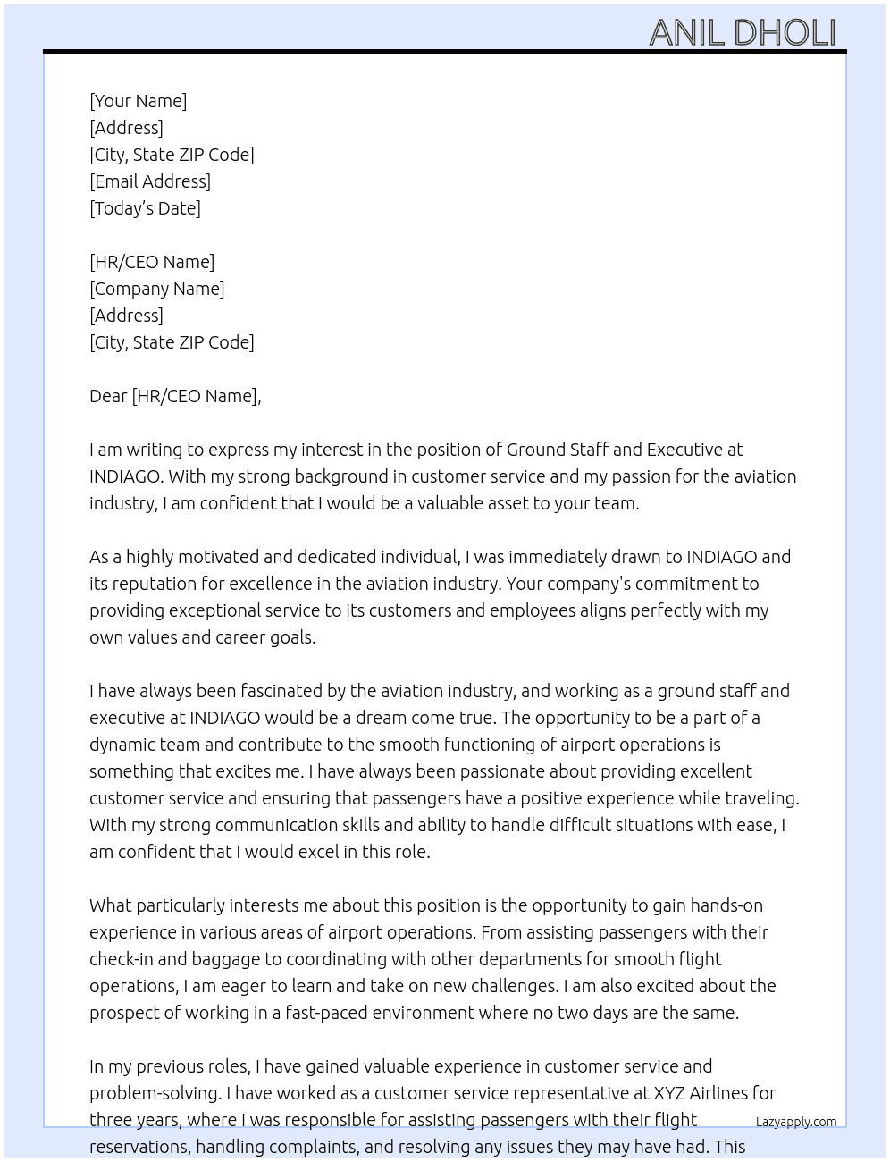 Ground staff and executive At INDIAGO Cover Letter