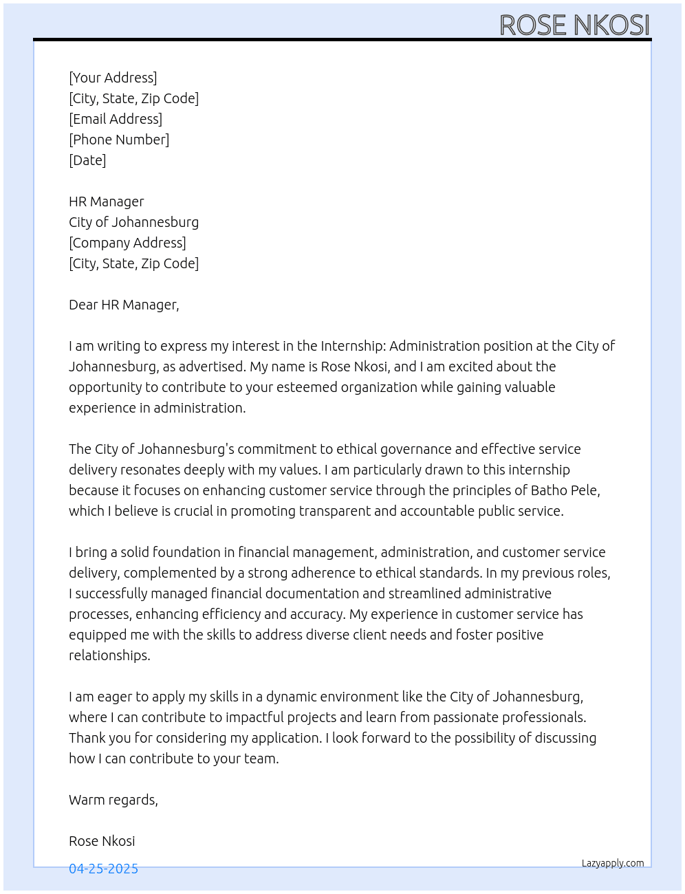Internship: Administration At city of johannesburg Cover Letter