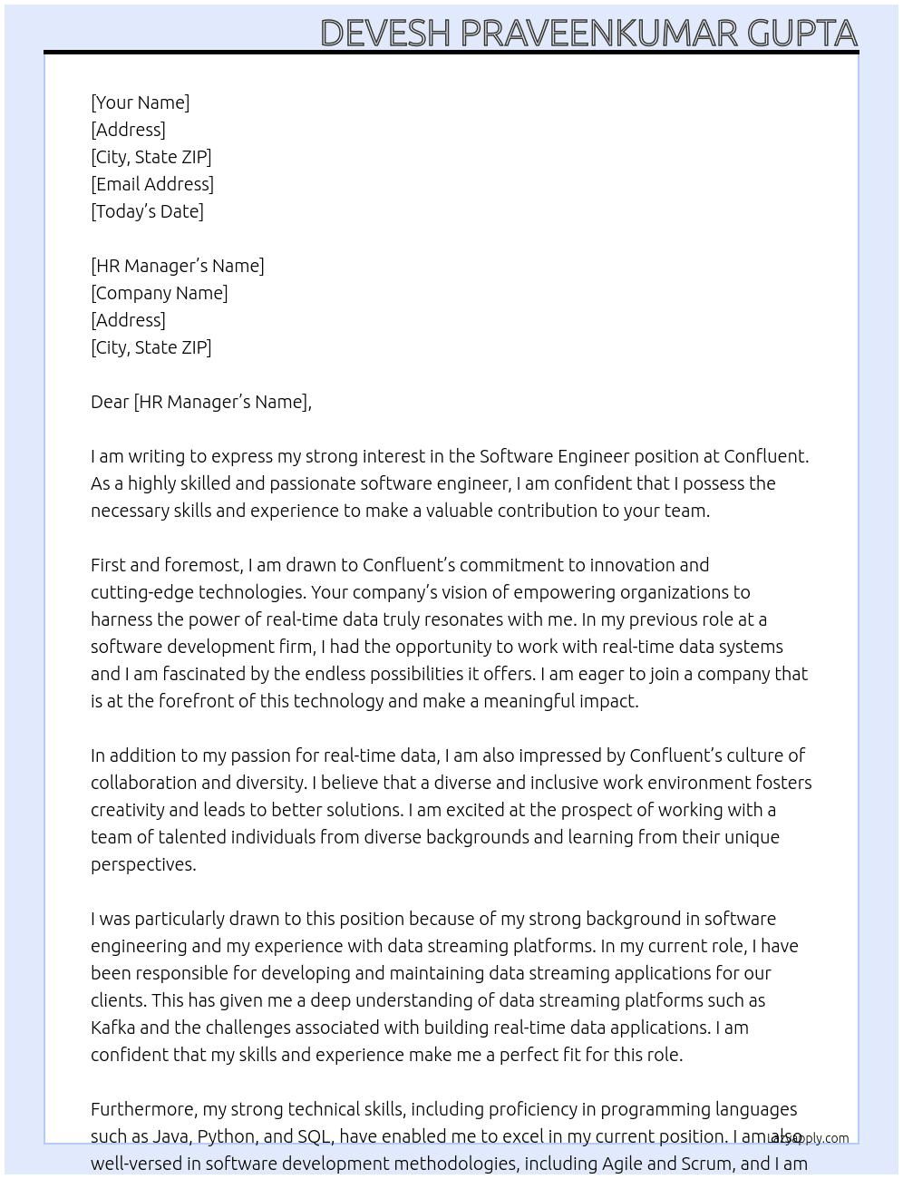 Software Engineer At Confluent Cover Letter