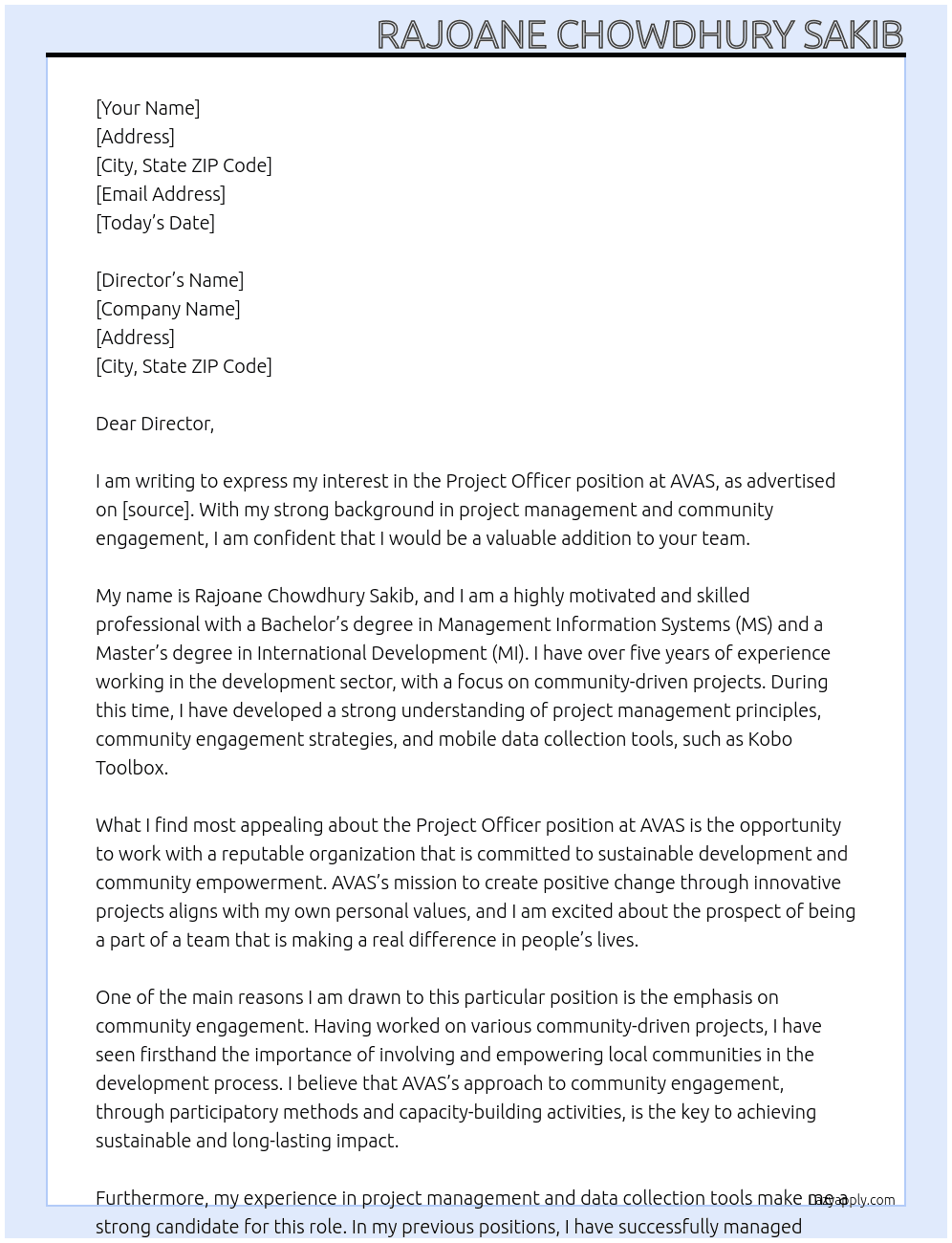 Project Officer At AVAS Cover Letter