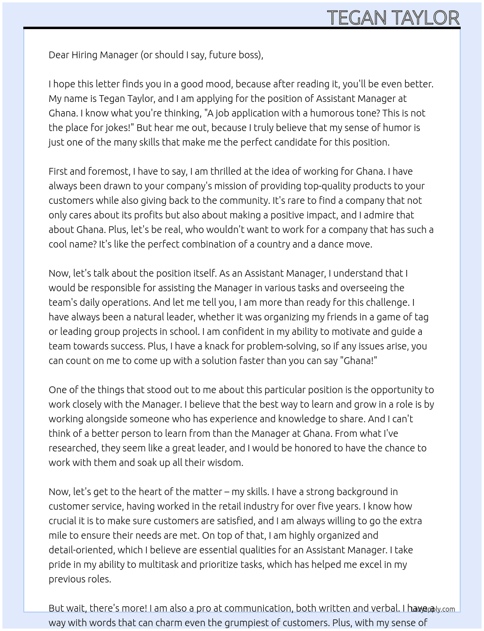 Assistant Manager  At Ghana  Cover Letter