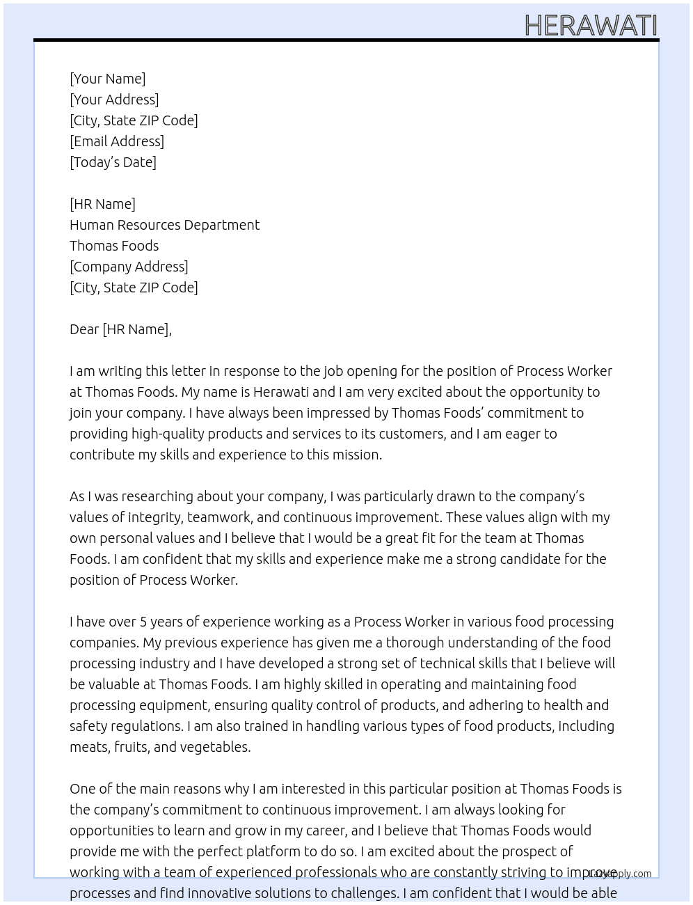 process worker At Thomas Foods Cover Letter