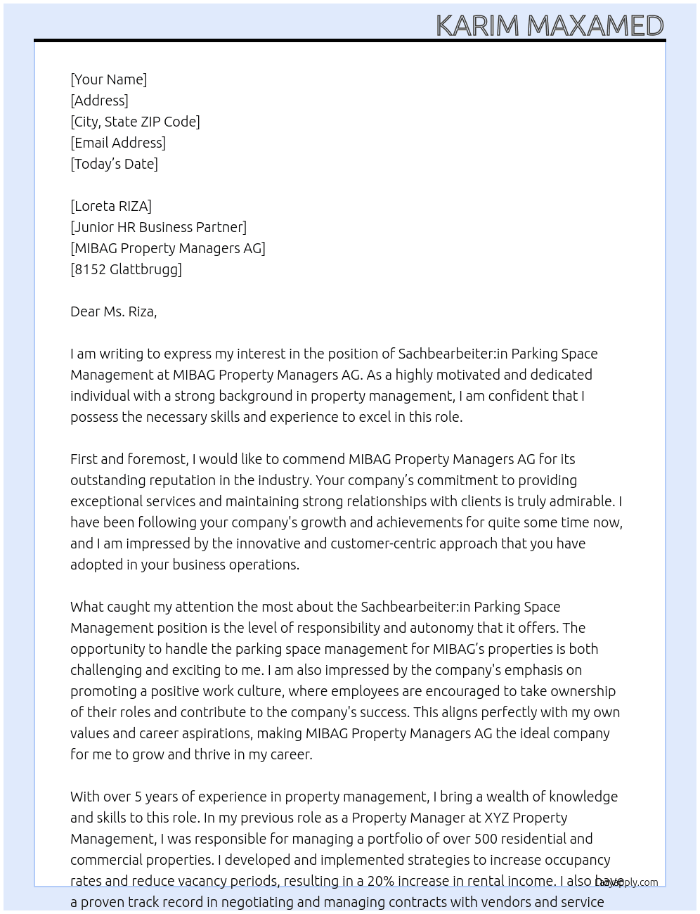 Cover letter for sachbearbeiter:in parking space management - LazyApply