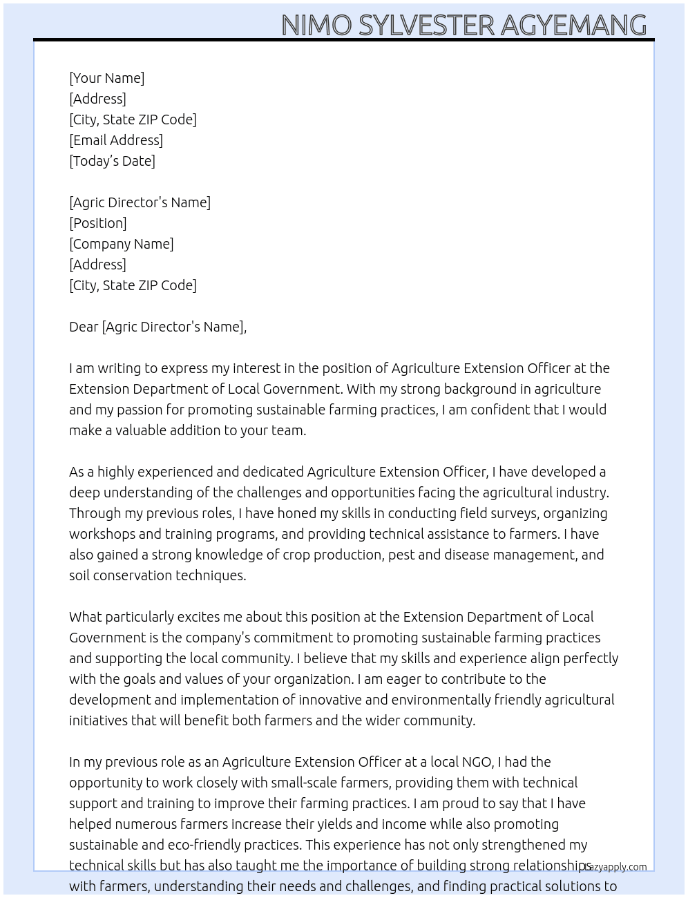 Agriculture extension officer  At Extension department of local government  Cover Letter