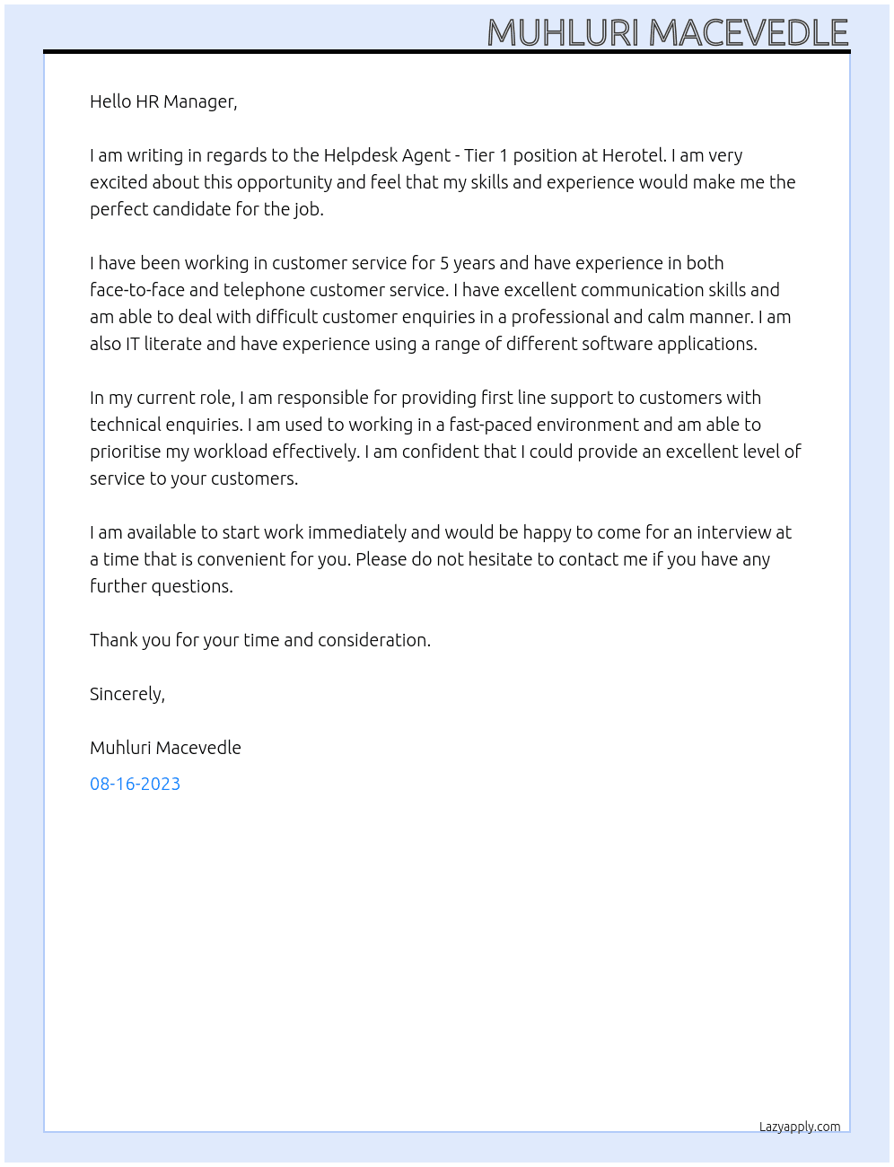 Helpdesk Agent - Tier 1 At Herotel Cover Letter