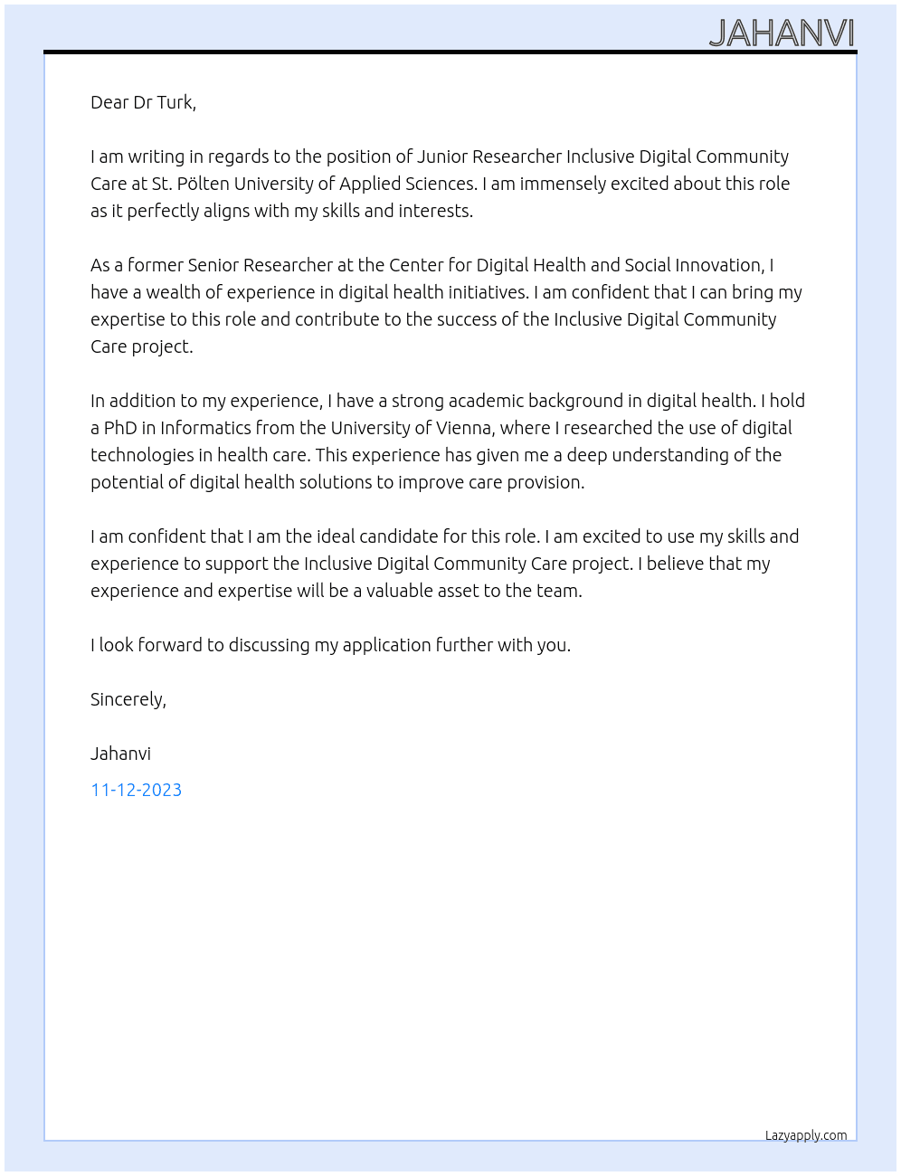 Junior Researcher Inclusive Digital Community Care At  St. Pölten University of Applied Sciences Cover Letter