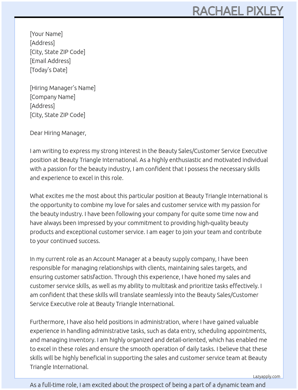 Beauty Sales/Customer Service Executive  At Beauty Triangle International Cover Letter